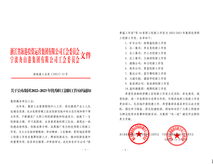 超燃創(chuàng  )新工作室被命名為海港集團2022-2023優(yōu)秀職工創(chuàng  )新工作室